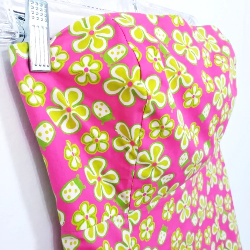 Vintage Lilly Pulitzer Strapless Lip Pink Dunebuggy Floral w/Ladybugs Midi Dress - Picture 4 of 14